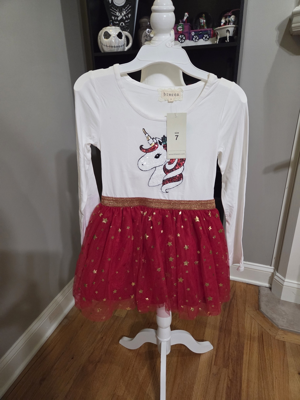 btween White Long-Sleeve Unicorn Dress with Red Star Tulle Skirt